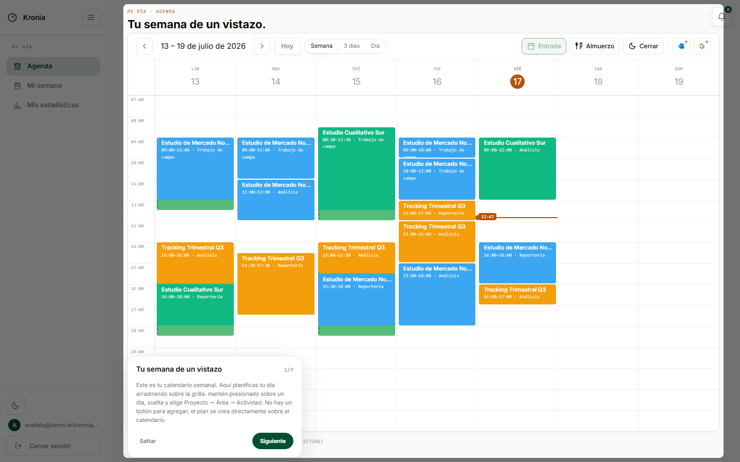 Agenda semanal de Kronia: bloques de plan y ejecución real por proyecto