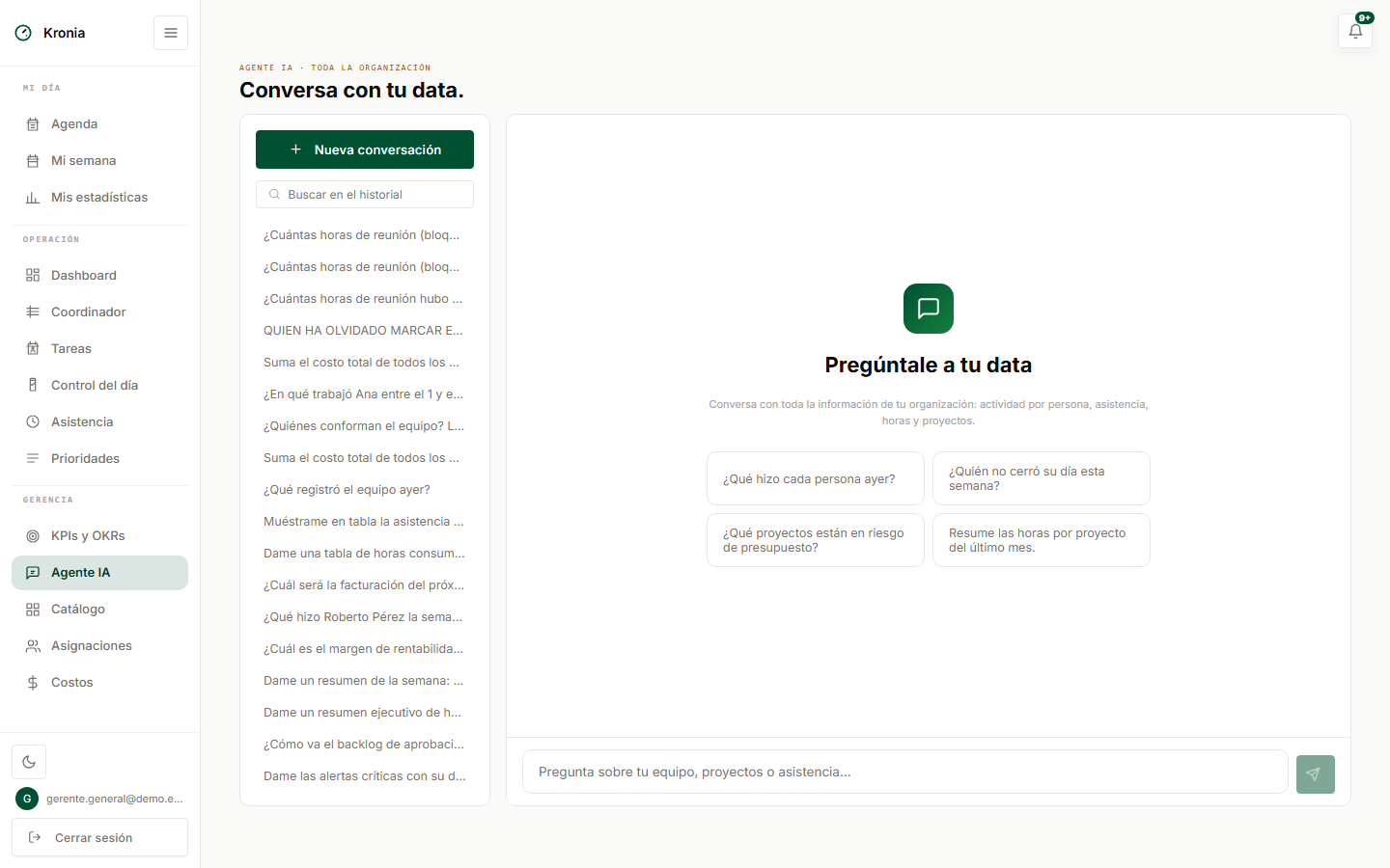 Agente IA de Kronia analizando proyectos en riesgo de sobrecosto